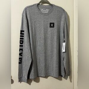 NWT HURLEY Gray Long-Sleeve Logo Tee with Black Sleeve Branding xxl